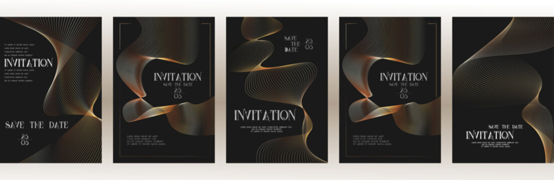 Golden Luxury  invitation card background, Premium geometric wave gold line frame typography design. Elegant Template for advertising, gala card, grand opening, party invitation, layout big set.