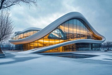 Fototapeta premium Winter wonderland urban scene snow-covered modern building contemporary architecture serene environment perspectives on design