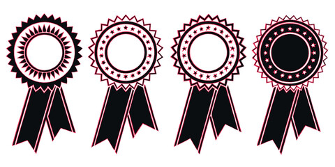 Set of four black and white award rosette ribbons with various designs, isolated on white background