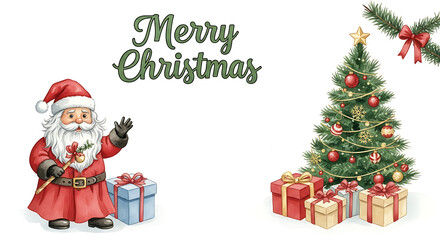 Merry Christmas illustration featuring festive tree, Santa Claus and gifts on white. Merry Christmas is a time for joy, and this image embodies that spirit with presents and seasonal imagery.