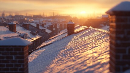 snow-covered rooftops reflecting golden sunrise,