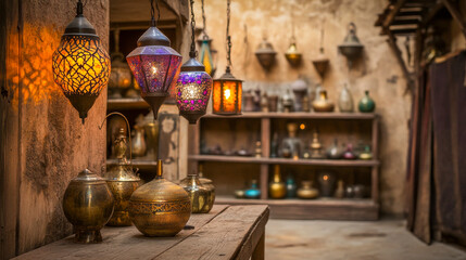 An old brass lamp shop in an old Middle Eastern city bazaar