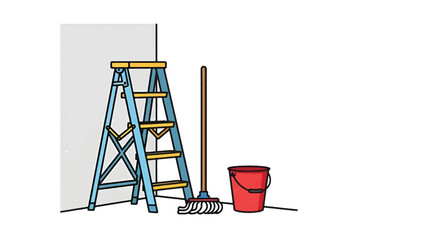 A blue step ladder stands beside a mop, broom, and red bucket by a wall, ready for cleanup tasks now