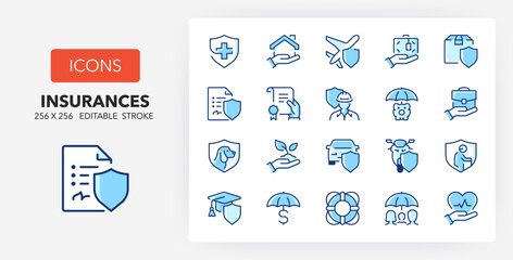 Obraz na płótnie Canvas Line icons about insurance concepts. Contains such icons as retirement, policy, health and more. 256x256 Pixel Perfect editable in colors