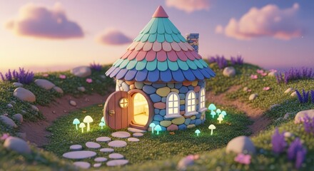 Whimsical, brightly colored dwelling nestled in a grassy landscape at twilight
