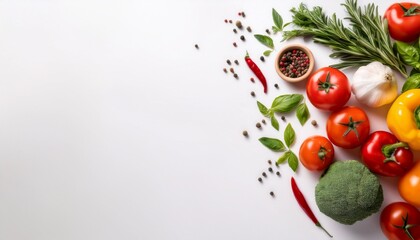 vibrant flat lay of fresh produce herbs and peppercorns on white background with copy space soft studio lighting healthy food concept