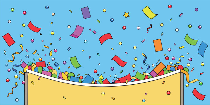 Colorful confetti and streamers falling over a yellow banner on a blue background, celebrating a festive event