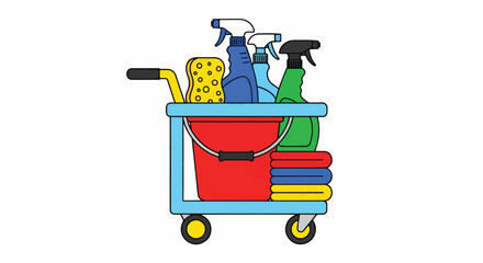 A blue utility cart stacked with cleaning gear spray bottles, sponge, bucket, and towels. On shelf!