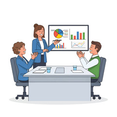 A business presentation with a presenter pointing at charts on a display, colleagues applauding now!