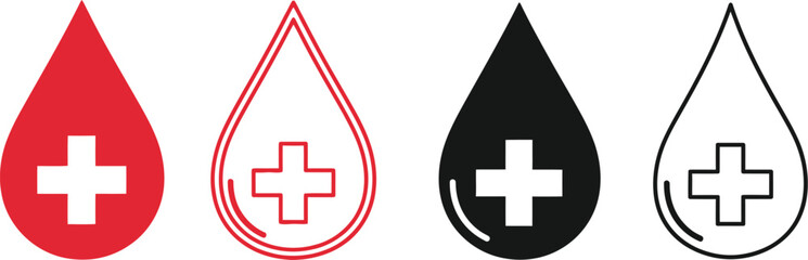 Four blood droplet icons with a white cross symbol inside