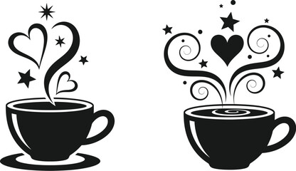 Two black coffee cups with swirling steam and heart motifs