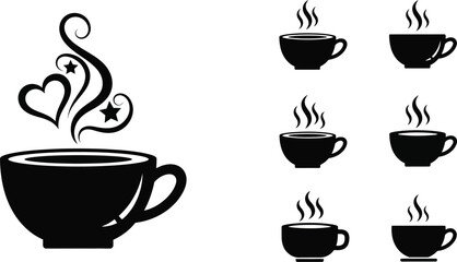 Black and white illustration featuring coffee cups and a heart shaped steam design