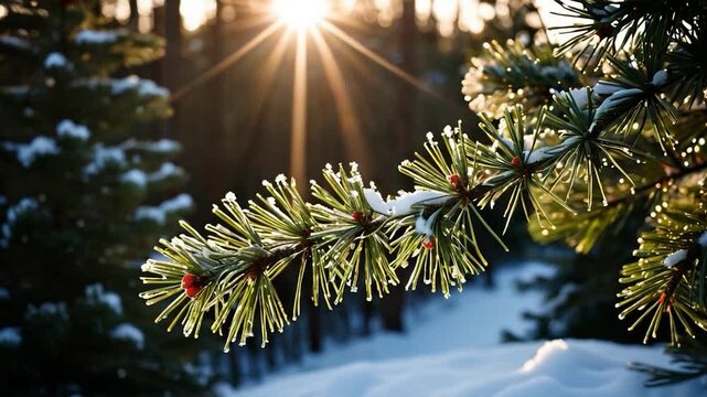 A pine tree with sunlight shining through its branches