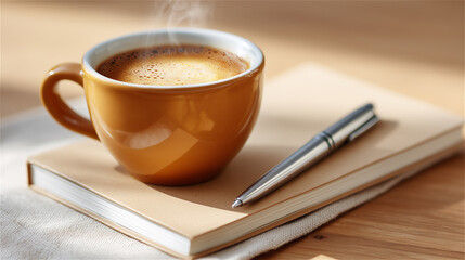 Cup of coffee with pen on notebook in warm indoor setting, symbolizing morning routine, creative planning and peaceful lifestyle with natural cozy tones.