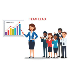 A confident team lead presents a rising bar chart to diverse colleagues, applause and collaboration