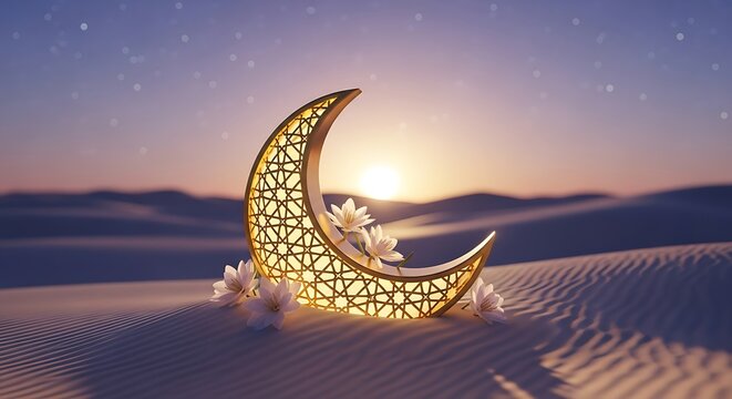 Decorative crescent moon with floral accents in a desert landscape at dusk