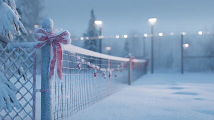 Snow-covered tennis court with net decorated with holiday ribbons,