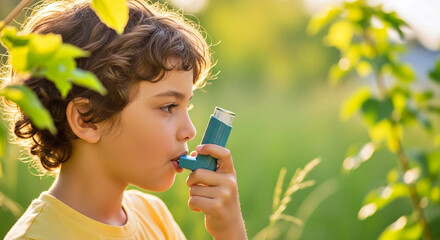 Young boy using asthma inhaler while sitting in a green field  