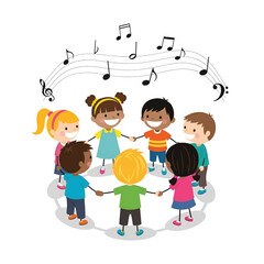 A diverse circle of kids holding hands, smiling and singing as musical notes swirl above. Together!!