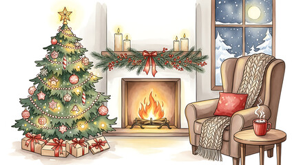Cozy Christmas illustration shows decorated fir tree next to fireplace with bright burning fire. Cozy Christmas atmosphere created by presents, decorations, and lights.