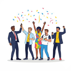 A diverse group of friends celebrates with high fives, bright outfits, and colorful confetti today!!