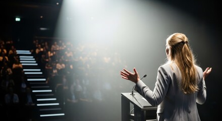 Woman giving a speech on stage with audience and spotlight in a dark auditorium setting event performance