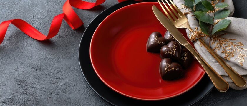 Valentines day table setting features red plate, elegant cutlery, and heart-shaped chocolates on a dark backdrop with red ribbon detail - Powered by Adobe