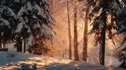 snow-covered trees glowing under golden sunset,