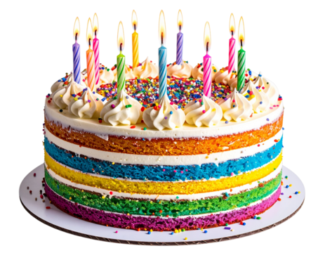  Colorful Layered Birthday Cake with Lit Candles, Isolated on White Background
