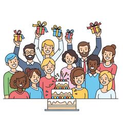 A diverse, smiling group gathers around a multi-tier cake, raising wrapped gifts in celebration now