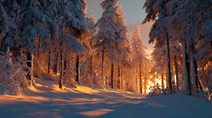 snow-covered trees glowing under golden sunset,
