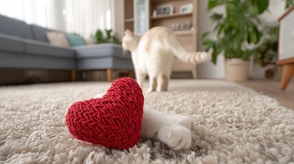 Close-up of a bright red knitted heart on soft grey carpet with playful white cat in the background, perfect for decorating or heartwarming designs
