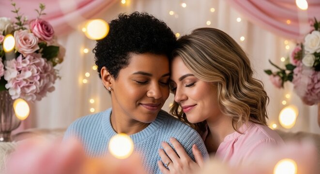 LGBTQ+ love, romantic moment, wedding or engagement celebration, Two women of different ethnicities sit closely with gentle smiles, surrounded by pink flowers and fairy lights. Soft light and affectio