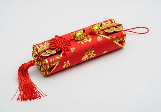 Chinese New Year fortune decoration, prosperity symbol, Red decorative firecrackers with golden accents, Chinese coins, and ingots arranged on top. Embellished with a red tassel and knot symbolizing