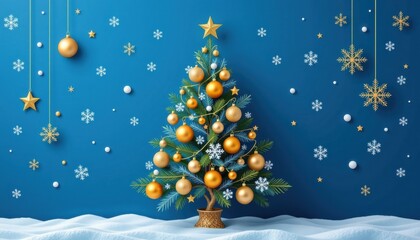 Festive golden christmas tree decoration vibrant blue backdrop digital artwork holiday spirit cozy atmosphere