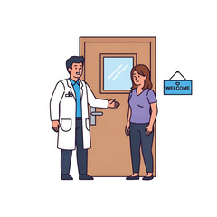 A doctor in a white coat greets a woman by a wooden door with a window, welcoming entry to clinic!!