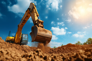 Excavator digging soil under bright blue sky in daytime