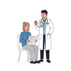 A doctor in a white coat uses a stethoscope to check a seated patient who reads a health magazine.!!