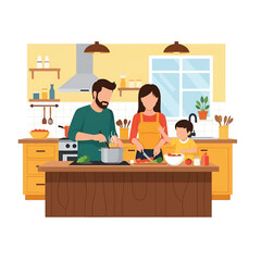 A family cooks together joyfully in a kitchen dad stirs a pot, mom chops veggies while kid assists