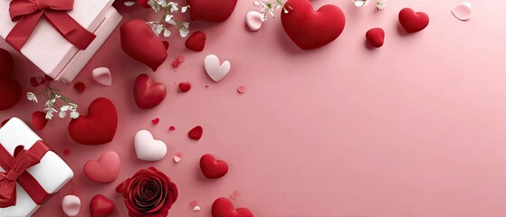 Valentines day background with red hearts, gift boxes, and flowers on a pink tabletop for greeting card design and celebration