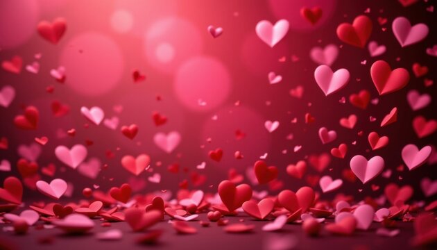 Romantic red hearts floating in a dreamy pink background capturing love and emotion soft focus viewpoint - Powered by Adobe