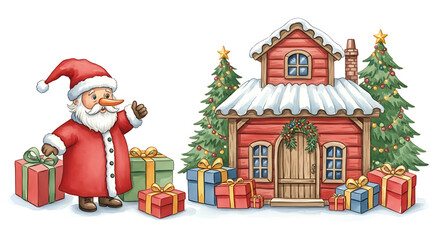 Festive Santa Claus with gift boxes next to decorated house makes joyful illustration. Santa Claus in red suit presents christmas gifts, adding cheerful mood,