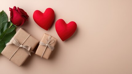 Valentines Day background with red hearts, gift boxes, and flowers for a love-themed card design on a pink tabletop