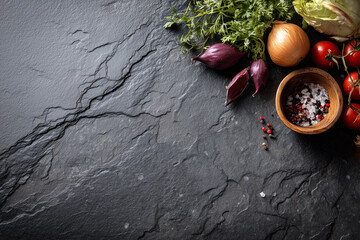 Fresh vegetables and spices arranged on a dark stone surface