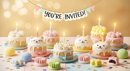 Celebrate a sweet birthday party with adorable mini cakes and charming decorations, perfect for invitations and children's events