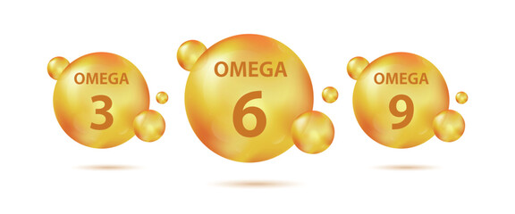 Omega acids three six and nine. Polyunsaturated fatty Omega-3, Omega-6, Omega-9. Fish oil pills. Natural fish, organic vitamin, nutrient. Vector realistic capsules
