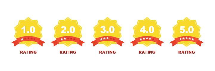 Feedback or rating. Set of rating stars badges with ribbon in a flat design. Customer product rating review. Set of a rating stamp, badge. Rank, level of satisfaction. Vector illustration