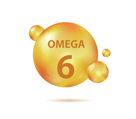 Omega 6 gold capsule. Vitamin drop pill capsule. Shining golden essence droplet. Beauty treatment nutrition skin care design. Beauty and health vector concept. Vector illustration