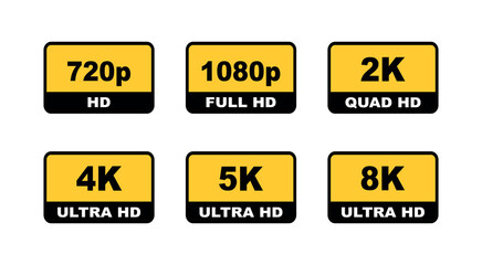 Video dimension labels. Video resolution 720, 1080, 2k, 4k,5k, 8k badges. Quality element. Badges quality. Vector illustration