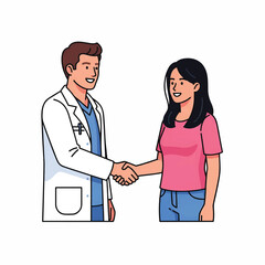 A friendly doctor in a white coat shakes hands with a smiling woman patient in pink shirt today now